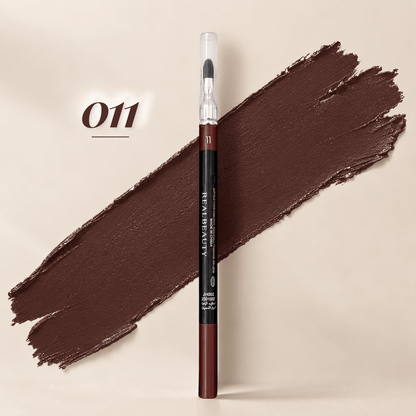 Realbeauty lip liner pencil with blending brush in shade 011, shown against a deep chocolate-brown colour swatch