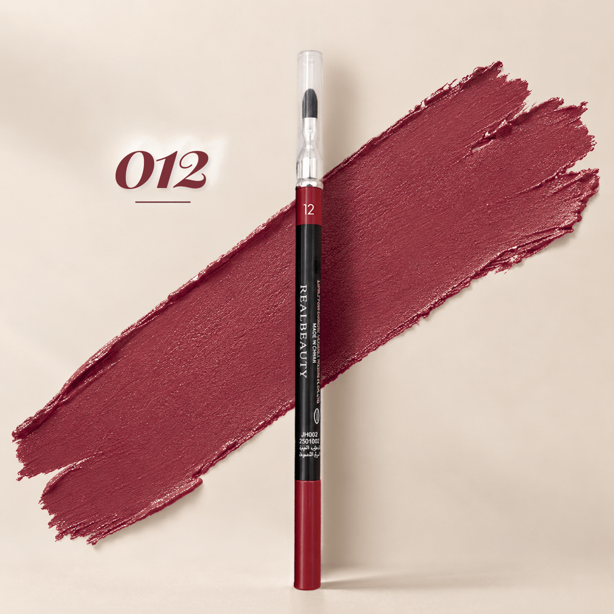 Realbeauty lip liner pencil with blending brush in shade 012, shown against a rich berry-pink colour swatch