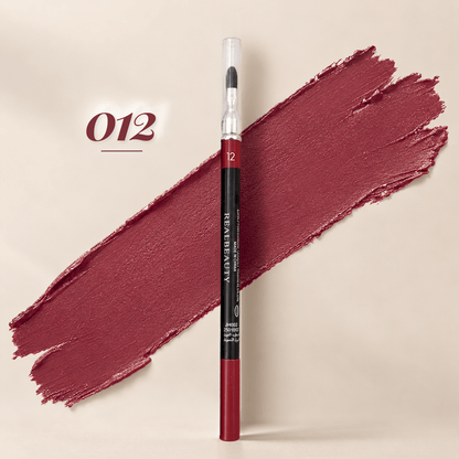 Realbeauty lip liner pencil with blending brush in shade 012, shown against a rich berry-pink colour swatch