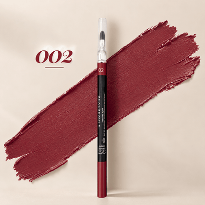 Realbeauty lip liner pencil with blending brush in shade 002, shown against a deep berry-red colour swatch