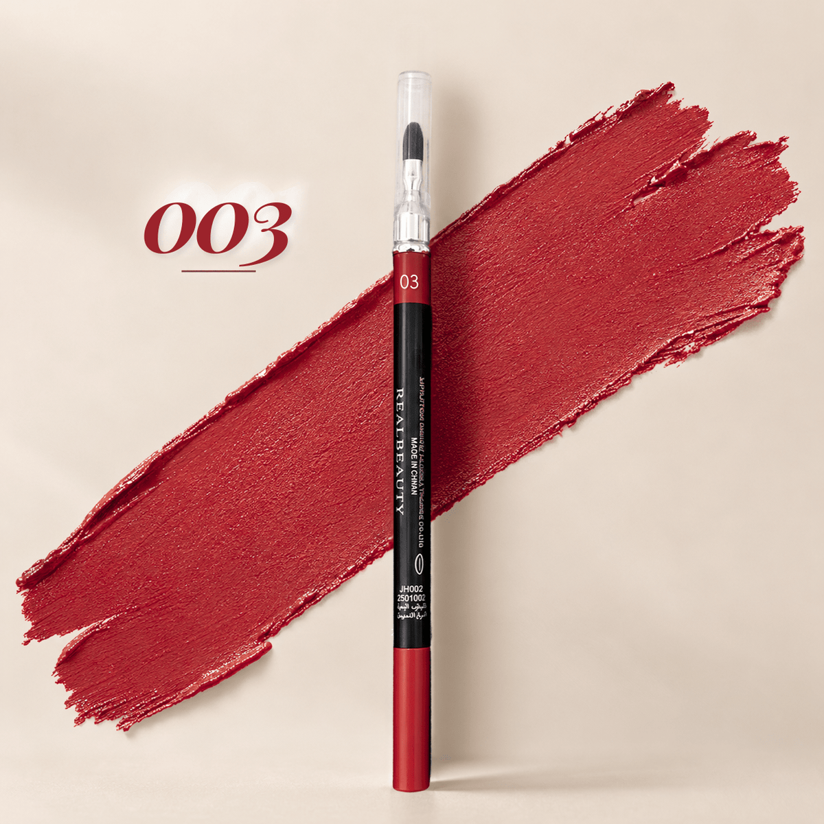 Realbeauty lip liner pencil with blending brush in shade 003, shown against a bright red colour swatch