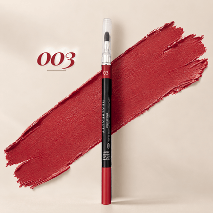 Realbeauty lip liner pencil with blending brush in shade 003, shown against a bright red colour swatch