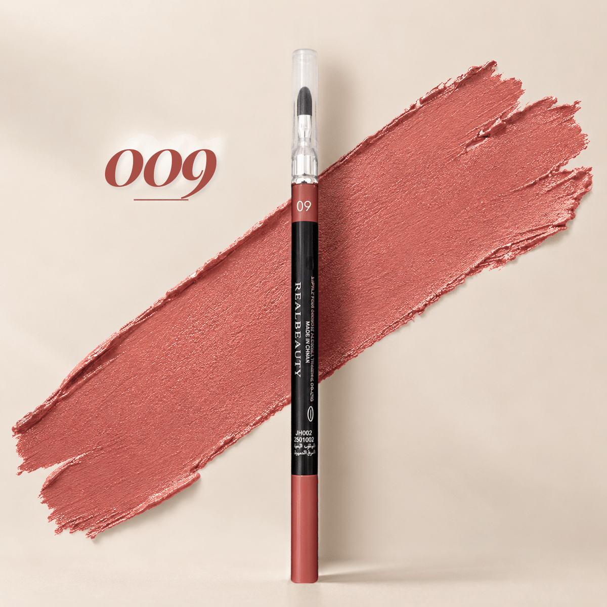 Realbeauty lip liner pencil with blending brush in shade 009, shown against a peachy pink colour swatch