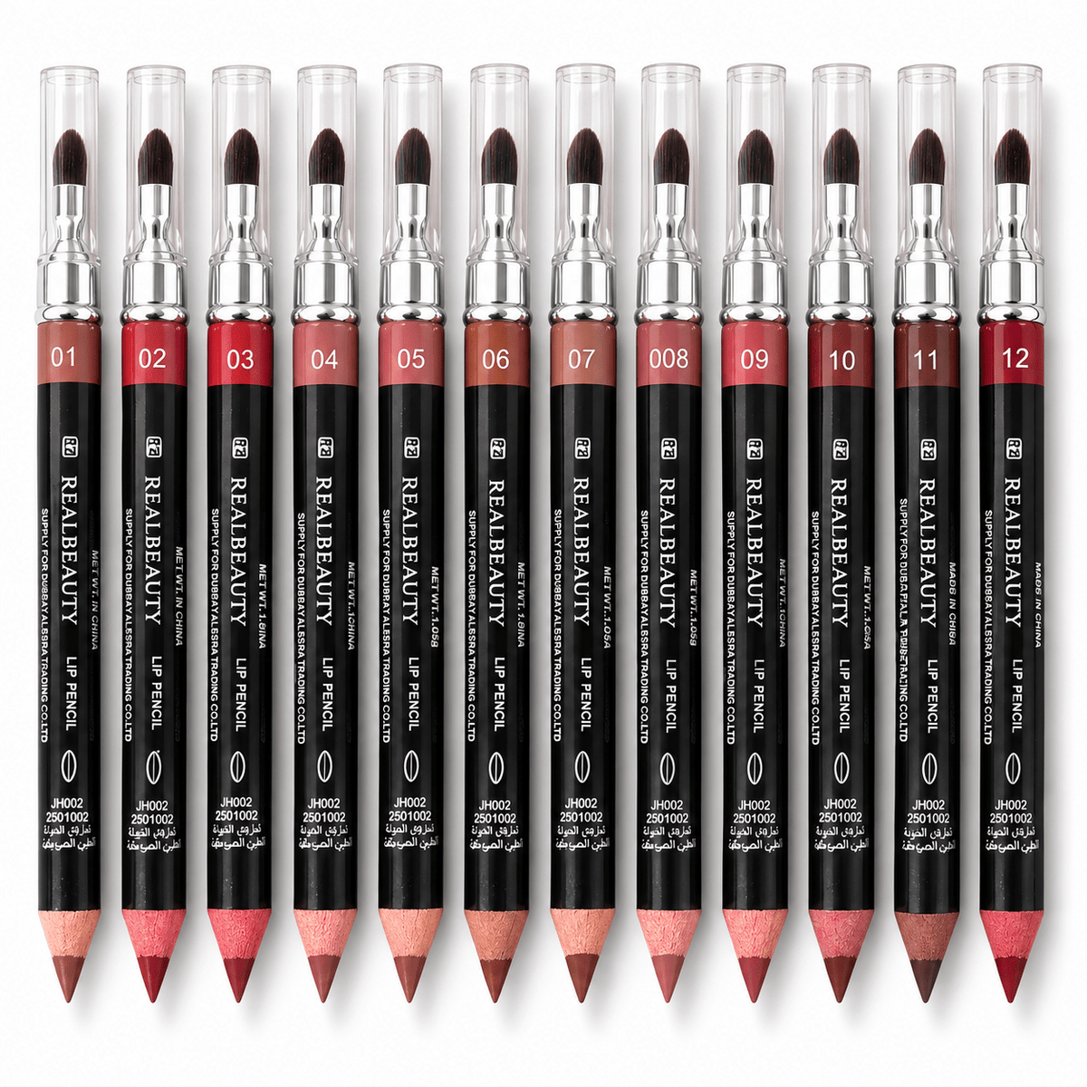 12 Realbeauty dual-ended lip liner pencils with blending brushes in nude, pink, red and brown shades