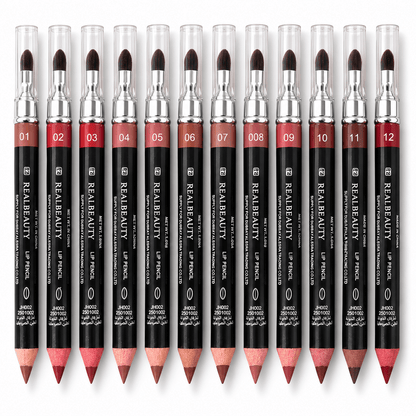 12 Realbeauty dual-ended lip liner pencils with blending brushes in nude, pink, red and brown shades