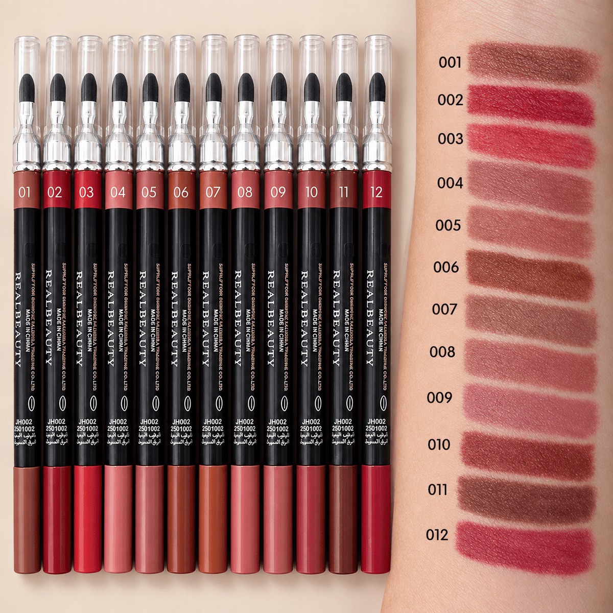 12 Realbeauty lip liner pencils with blending brushes alongside arm swatches labelled 001 to 012